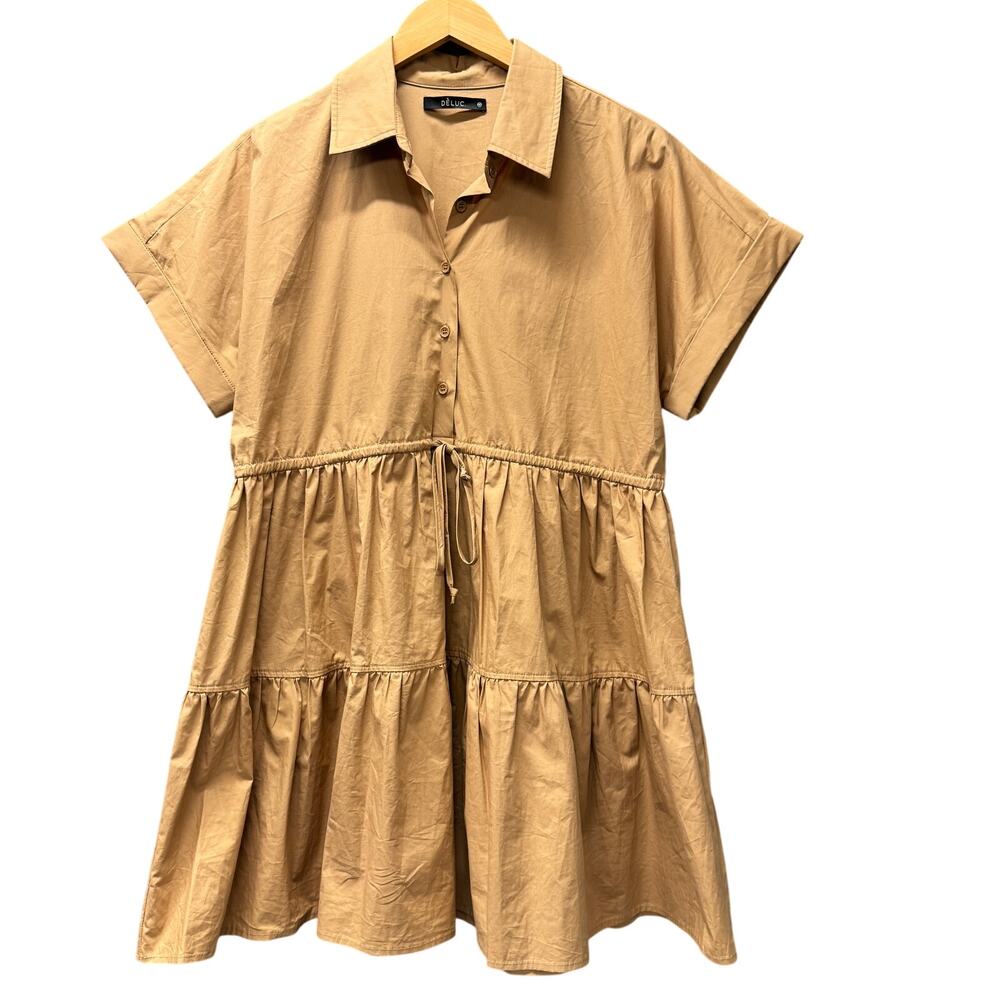 Deluc Mini Shirt Dress Tan Cotton Coastal Short Sleeve Collared Popover